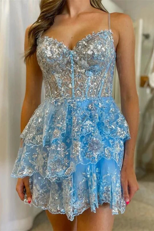Model wearing an A-line sequin lace corset tiered homecoming dress.