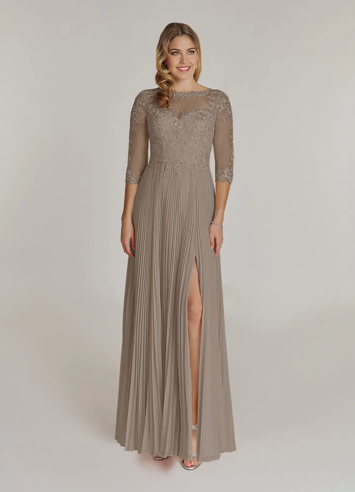 Full view of the elegant taupe A-line sequined chiffon dress with a V-neckline.