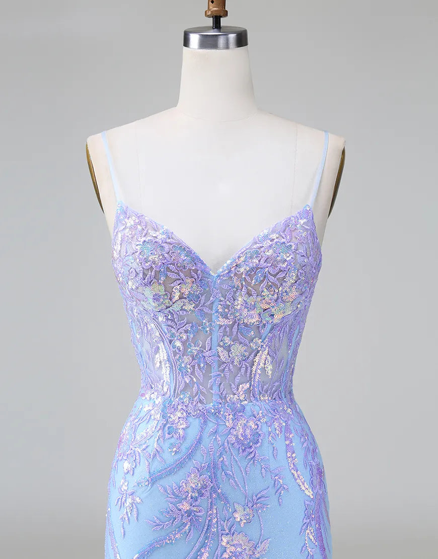 Blue sequined and embroidered A-line maxi homecoming dress with V-neck.