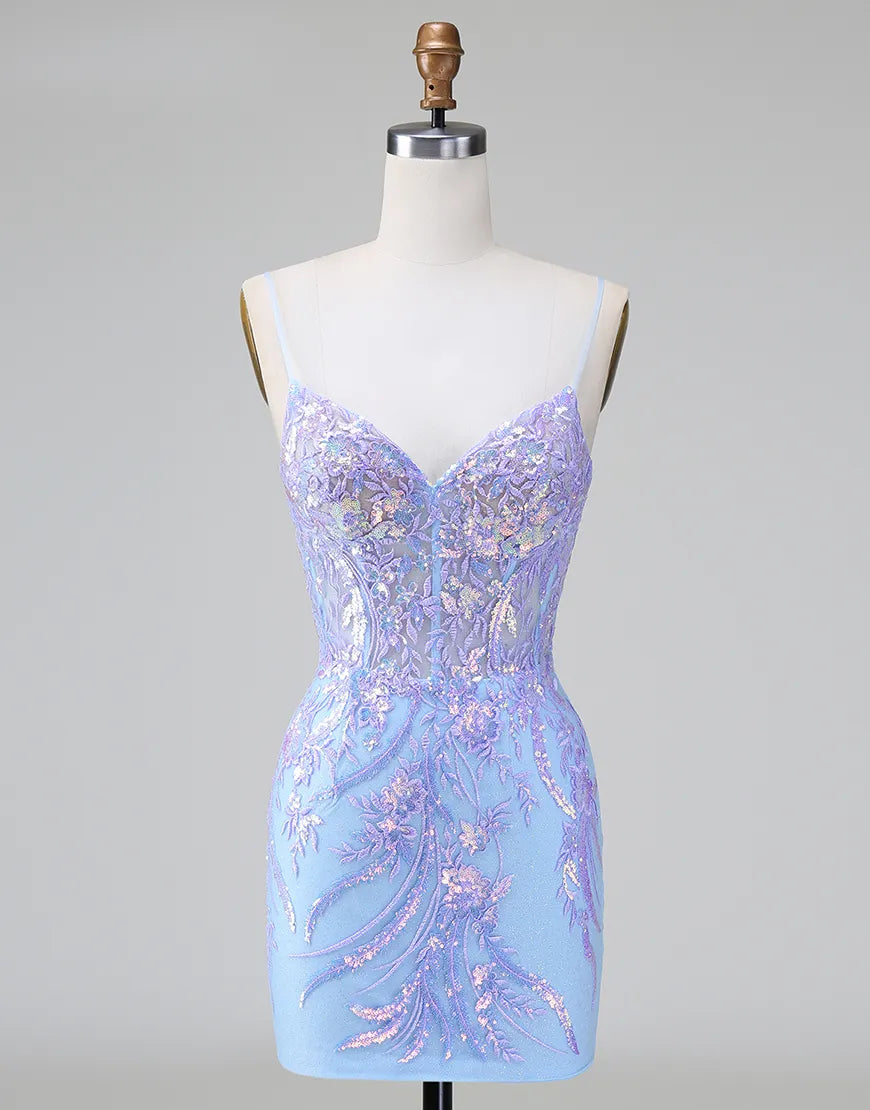 Pink sequined and embroidered A-line maxi homecoming dress with V-neck.