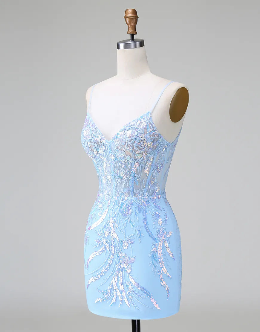Green sequined and embroidered A-line maxi homecoming dress with V-neck.