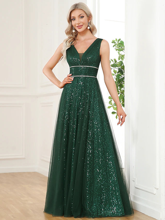 Elegant A-line sequined prom dress with V-neck and V-back.