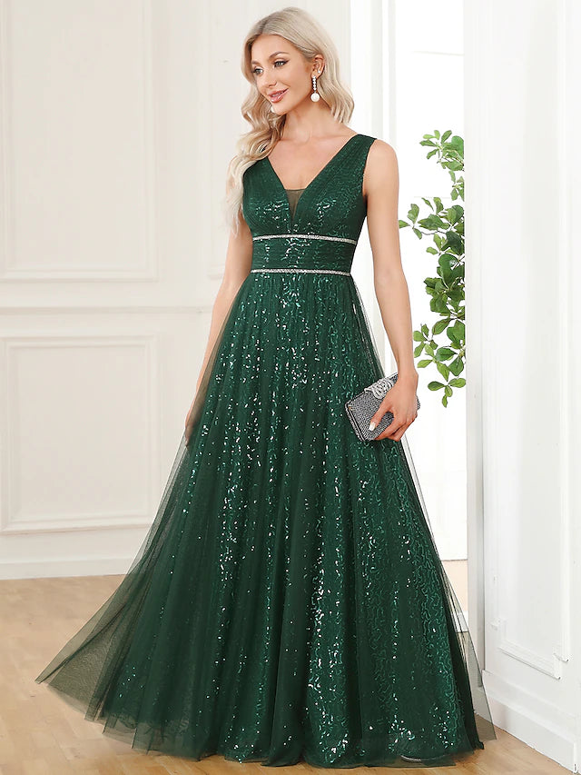 Side view of a shimmering A-line sequined formal gown.