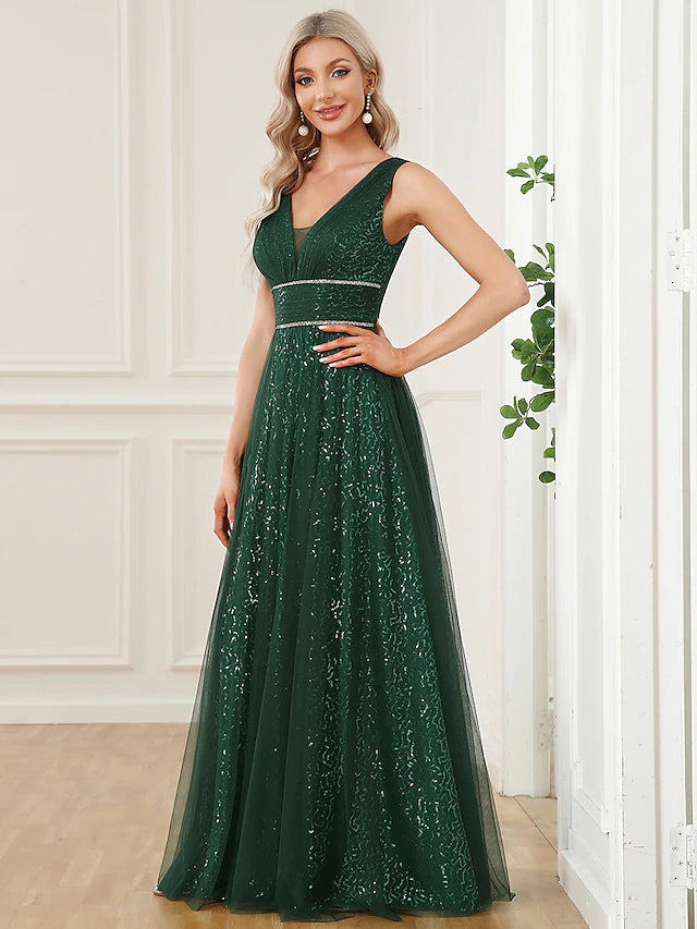 Back view of the sleeveless V-back sequined party dress.