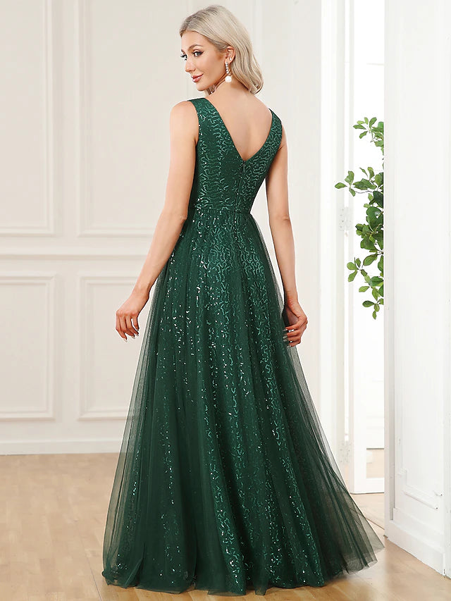 Close-up of the sequin detail on the A-line prom dress.