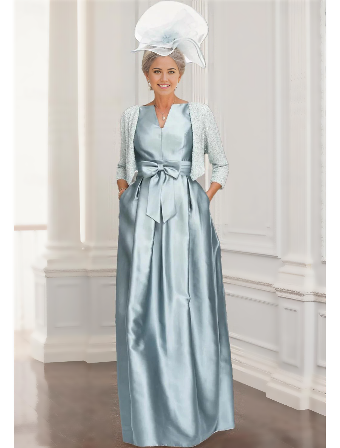 Elegant A-line V-neck sequined two-piece floor length Mother of the Bride dress with 3/4 sleeves and a wrap.