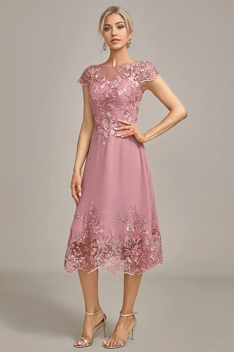 Back view of a sequined A-line tea-length dress for wedding guests.