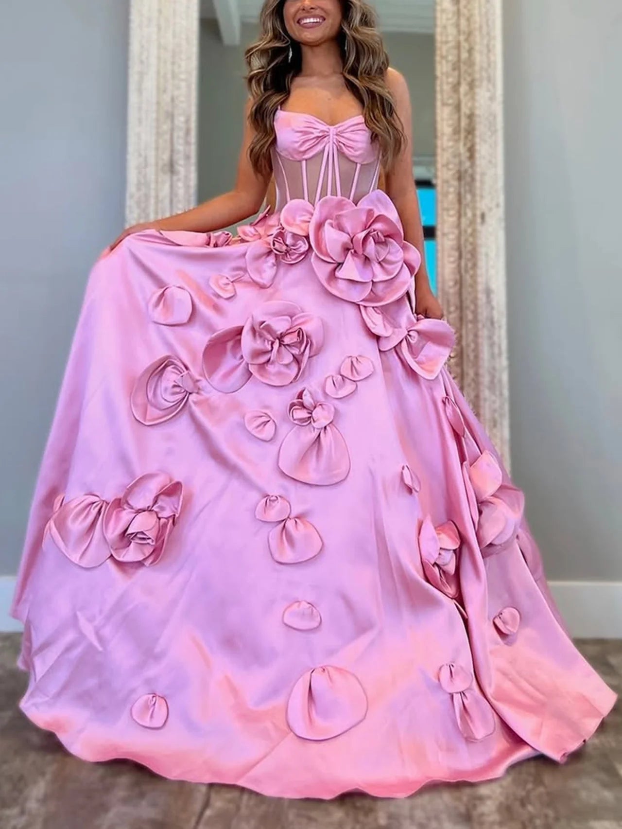 Full length view of formal maxi dress with flowing skirt.