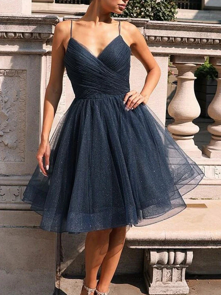 Elegant A-line V-neck short dress, perfect for prom or homecoming.