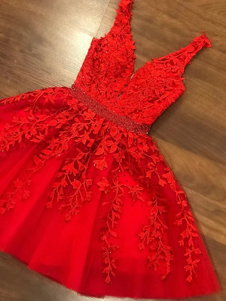 A-Line V-neck short lace prom dress.