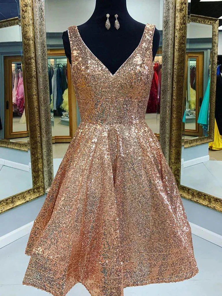 Model wearing an elegant A-line V-neck short lace prom dress.
