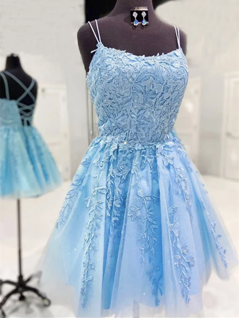 Elegant A-Line short lace dress with V-neckline.