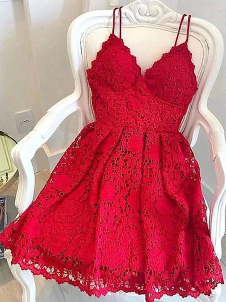 Model wearing an elegant A-line V-neck short lace dress for prom.