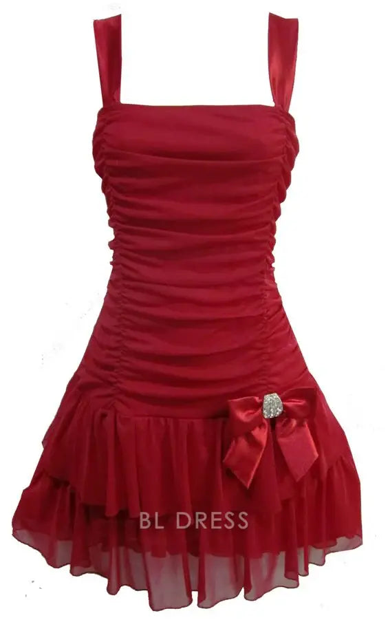 Red A-line V-neck short dress for formal occasions.