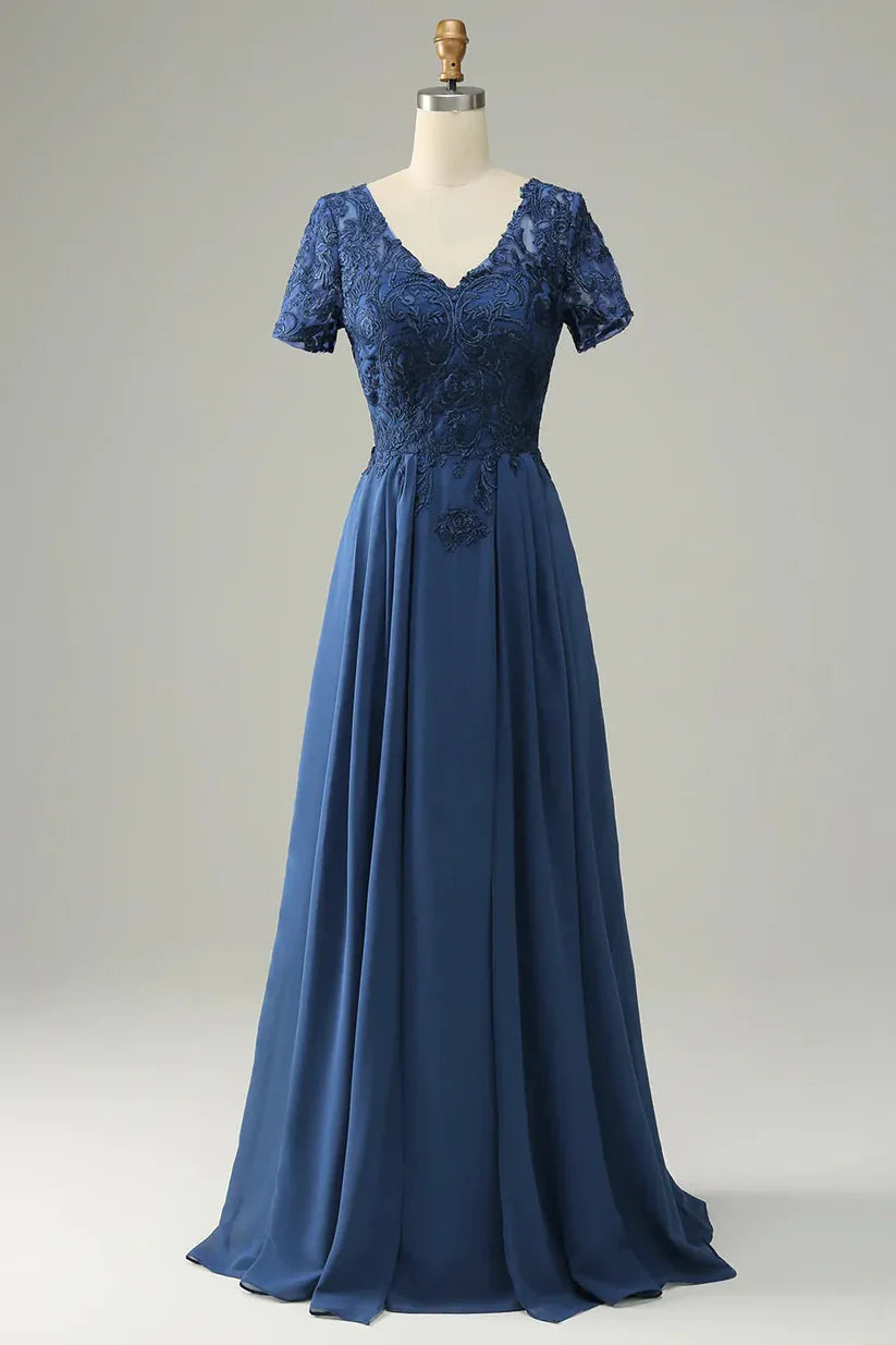Elegant A-line Mother of the Bride dress with V-neck and short sleeves.