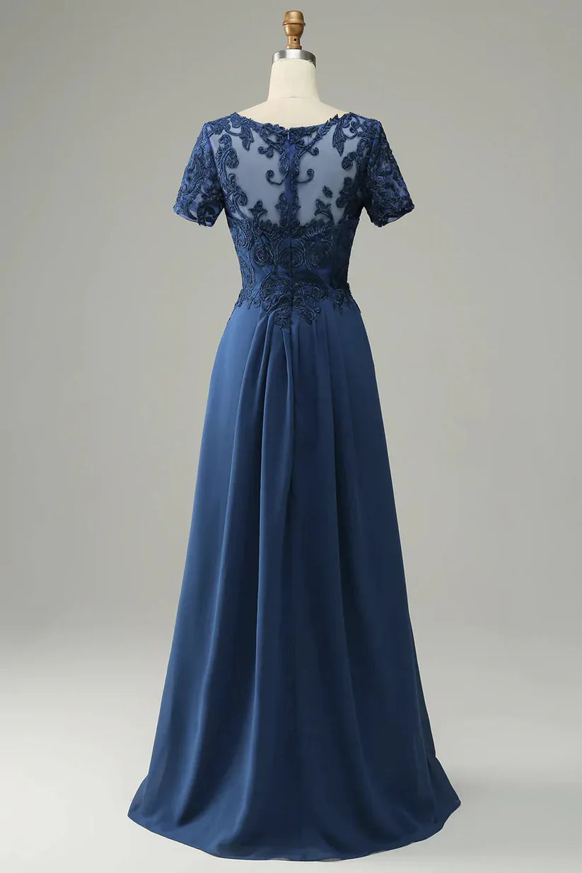 Side view of A-line applique gown, showing flowing skirt.