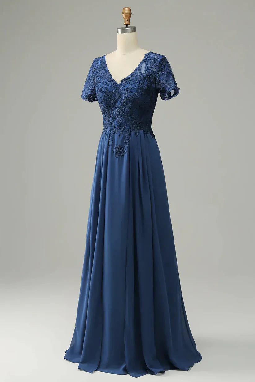 Back view of Mother of the Bride dress, highlighting applique details.