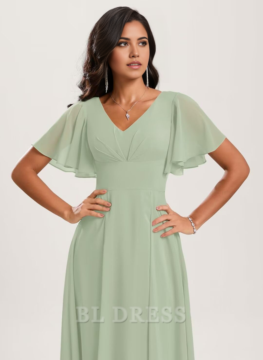 Close-up of the V-neckline and short sleeves of the chiffon formal dress.