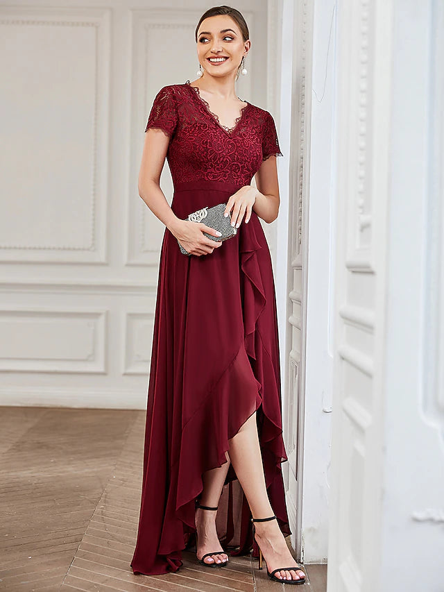 Back view of the A-line V-neck short sleeve lace cocktail dress.