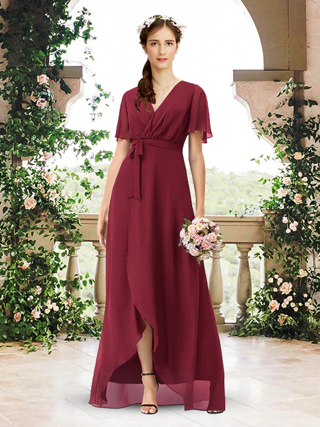 Elegant A-line chiffon bridesmaid dress with V-neck, short sleeves, and asymmetrical floor-length hem.