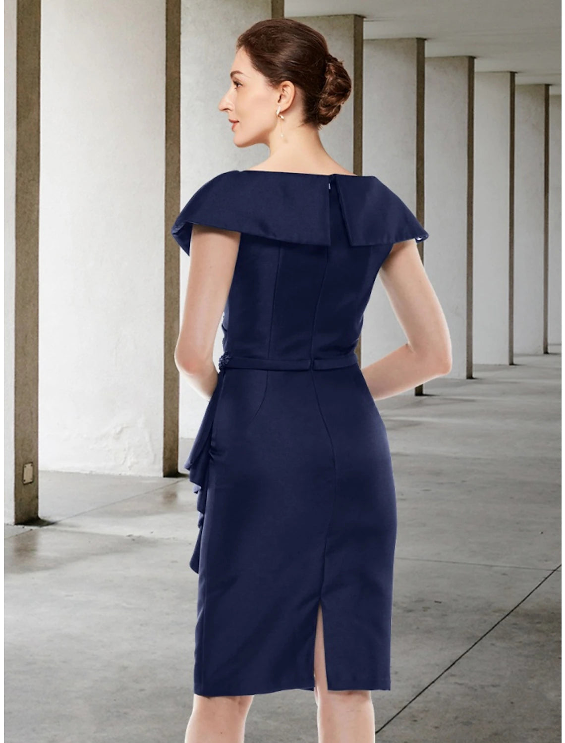 Side view of the A-Line Mother of the Bride dress, highlighting the stretch chiffon and mini length.