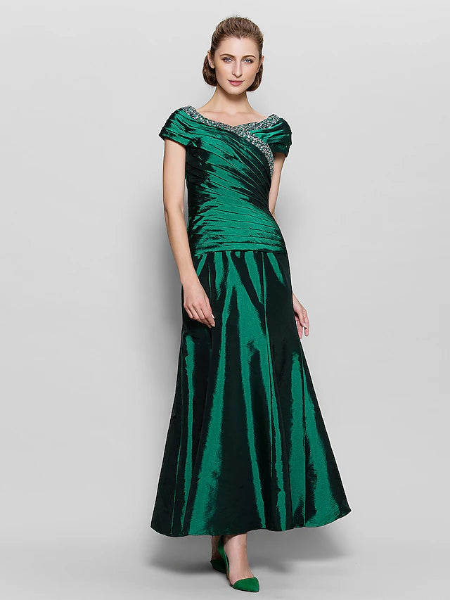 Elegant A-Line Mother of the Bride dress with V-neck, short sleeves, and beaded side draping.