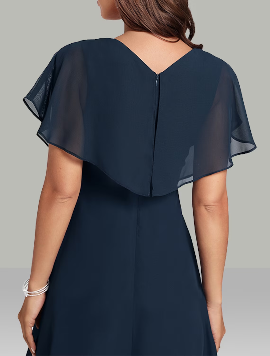 Side view of the semi-formal A-line dress, highlighting the flowing chiffon fabric.