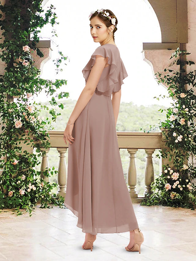 Back view of the A-line V-neck chiffon bridesmaid dress showing ruffles and sash detail.