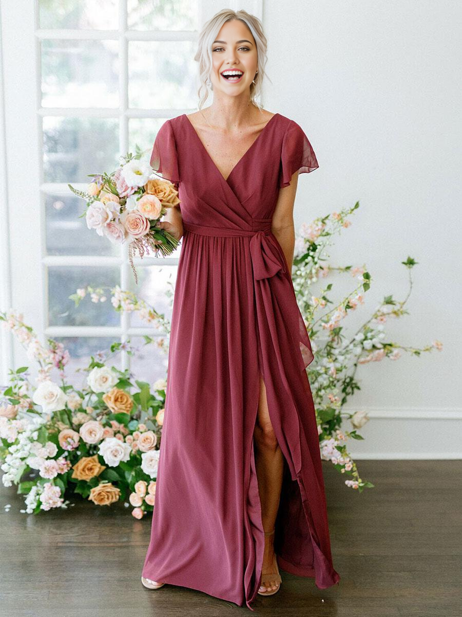 Burgundy A-line chiffon bridesmaid dress with V-neck and short sleeves.