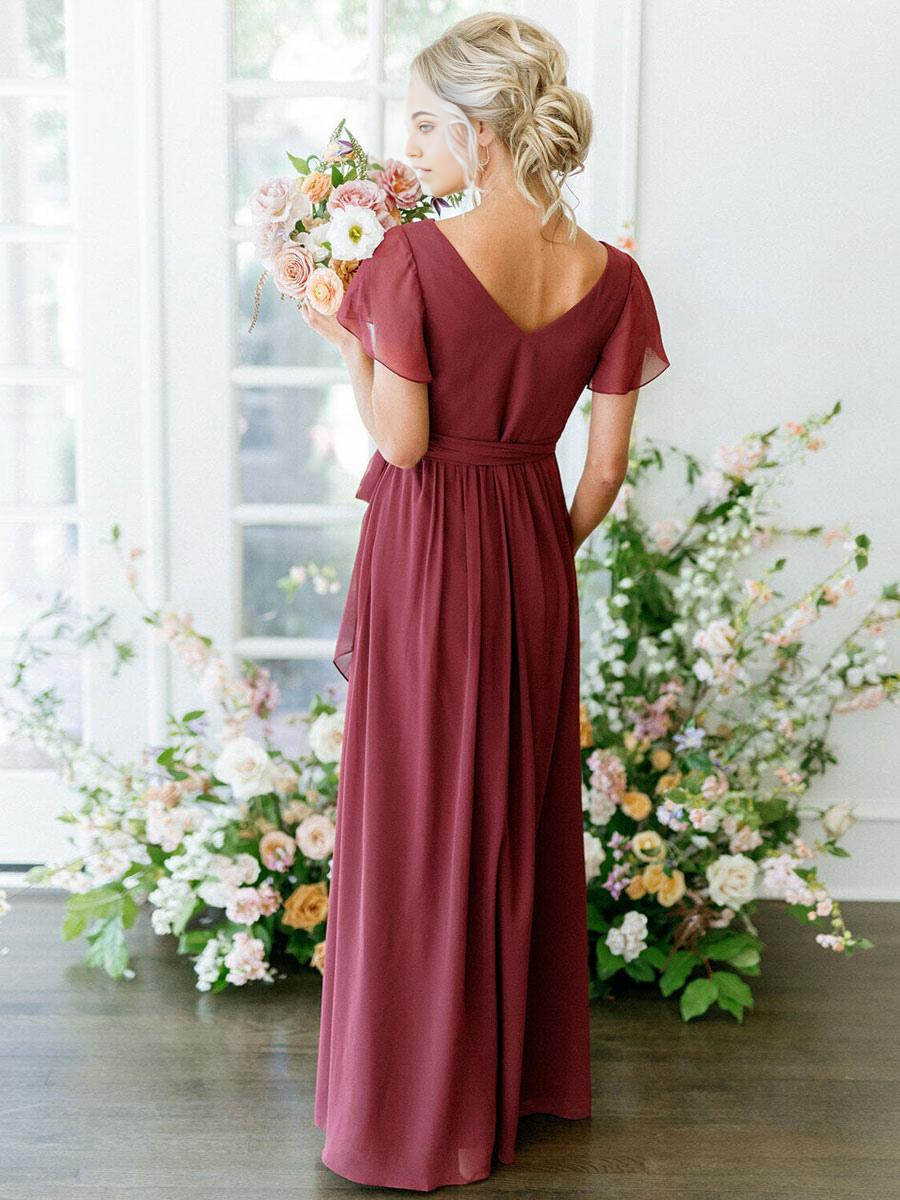 Back view of the burgundy floor-length formal dress with zipper.