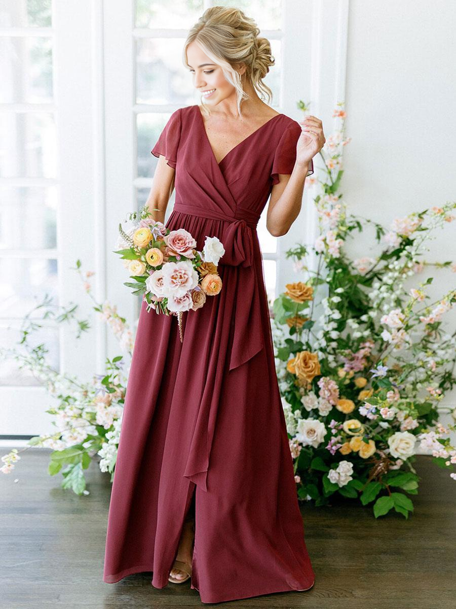 Side view of the elegant burgundy evening gown.