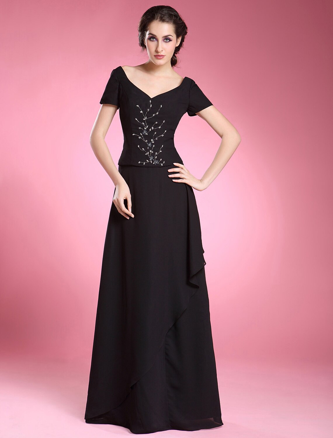 Elegant A-Line V-neck chiffon evening gown with short sleeves and beading.