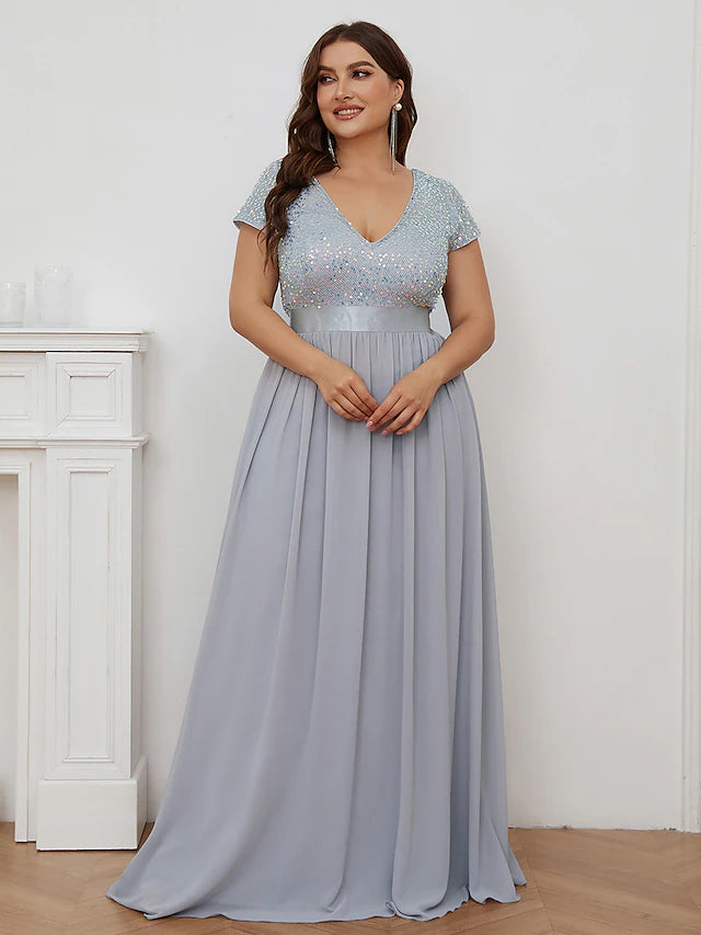 Elegant A-line V-neck chiffon bridesmaid dress, full view.