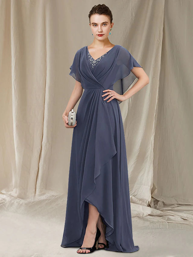 Elegant A-line Mother of the Bride dress in chiffon with V-neck.