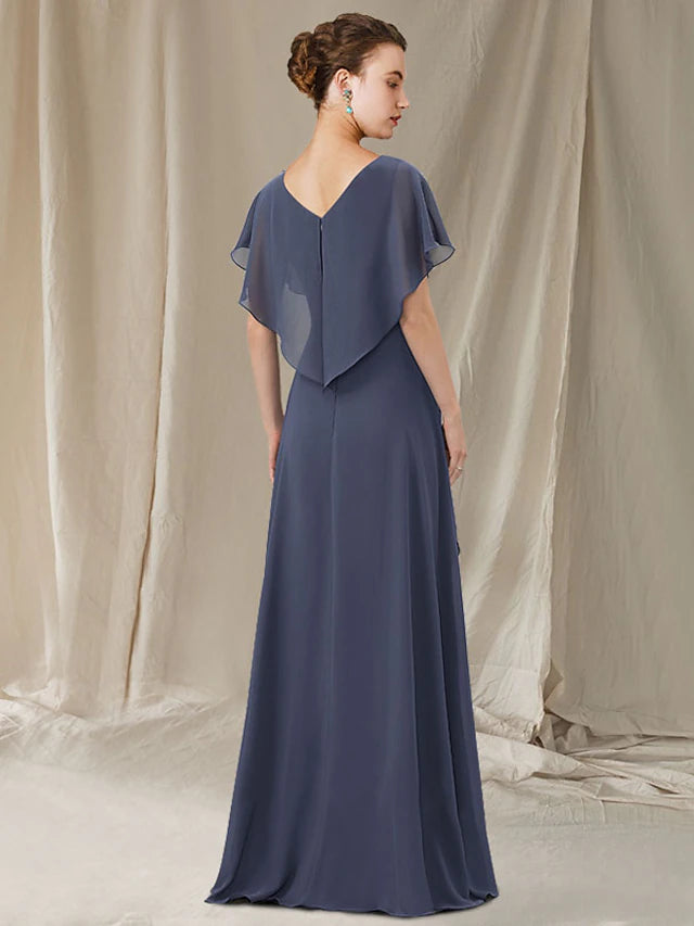Asymmetrical chiffon formal dress, perfect for wedding occasions.