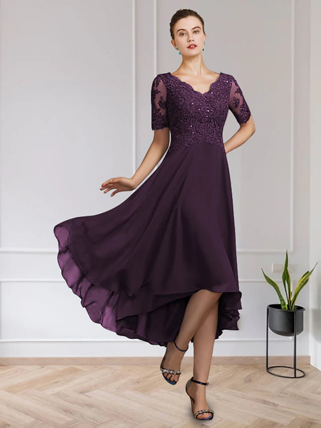 A-Line Mother of the Bride dress with V-neck, short sleeves, chiffon lace, and appliques.