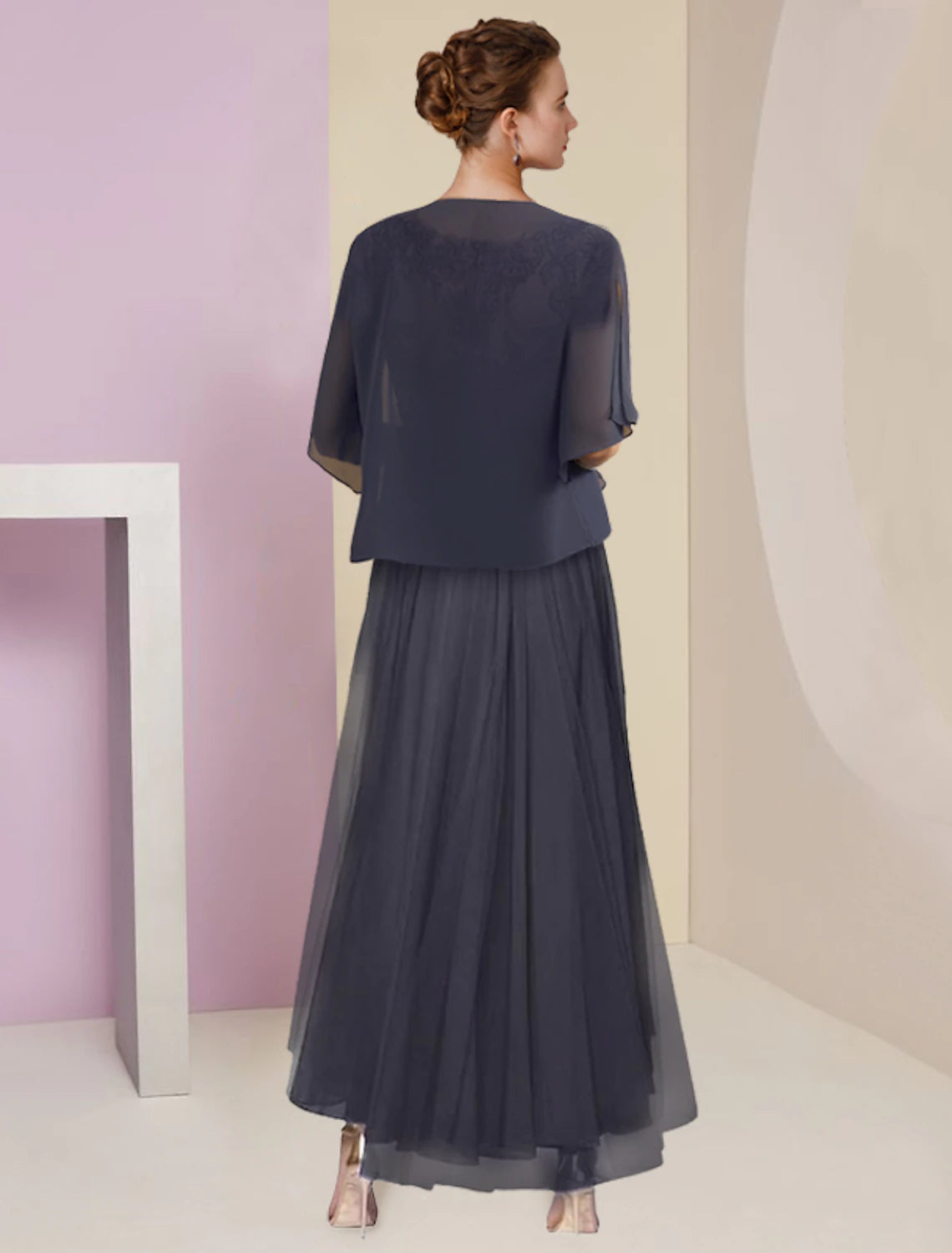 Close-up of the chiffon lace fabric and appliques on the elegant dress.
