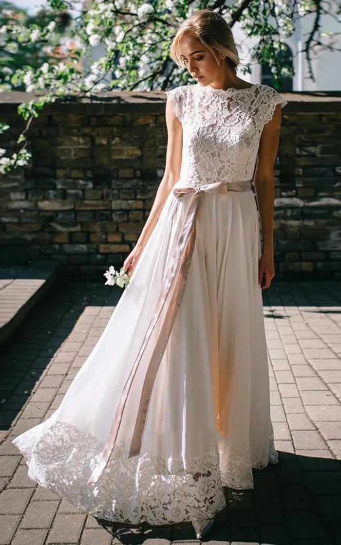Elegant A-Line V-neck wedding dress with short sleeves, chiffon, and lace.