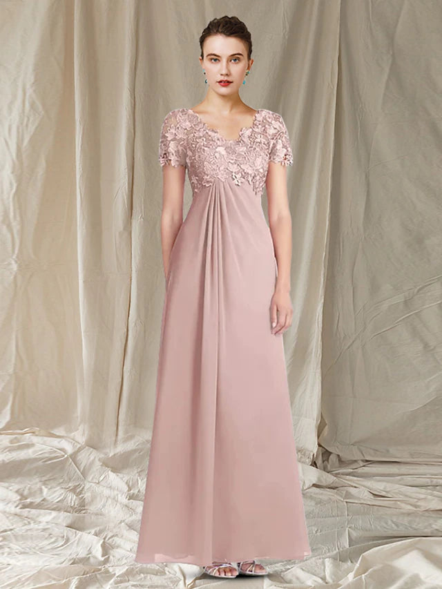 Elegant A-Line Mother of the Bride gown with V-neck and short lace sleeves.