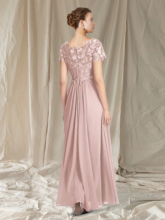 Floor-length chiffon Mother of the Bride dress featuring pleats and appliques.