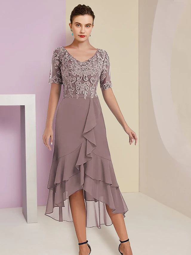 Elegant A-line V-neck short sleeve tea length dress.