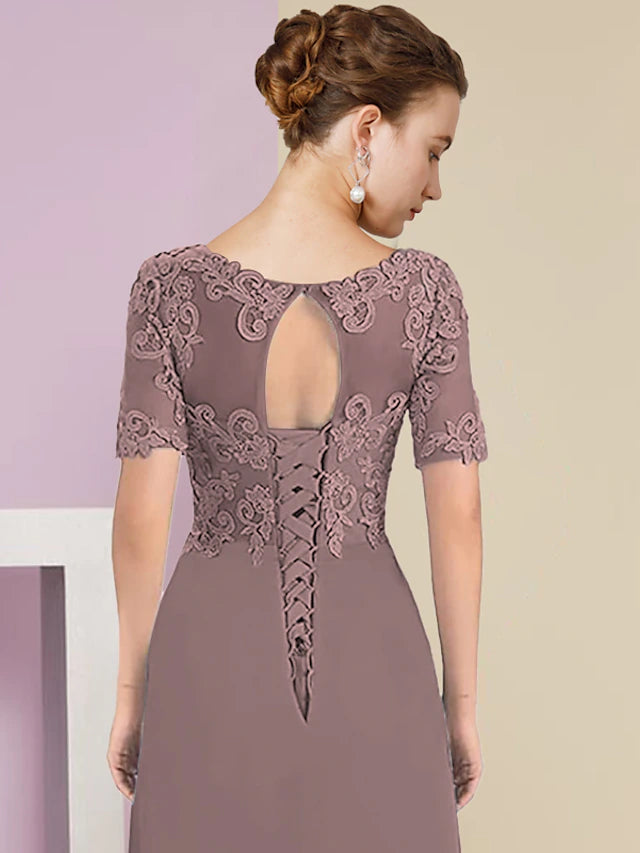 A-line V-neck dress showing the high-low asymmetrical hem.
