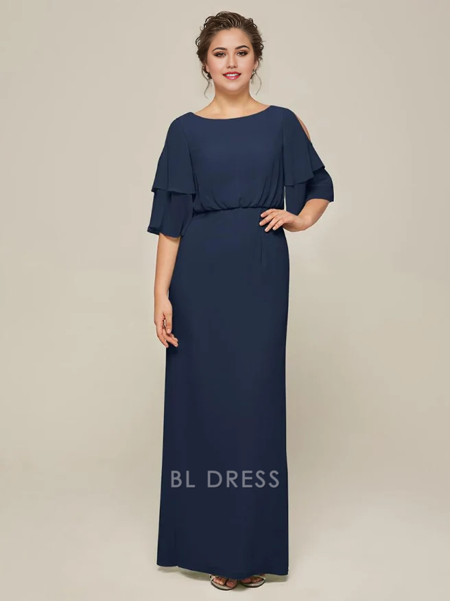 Woman wearing an elegant A-line V-neck chiffon maxi dress with short sleeves and a split front.
