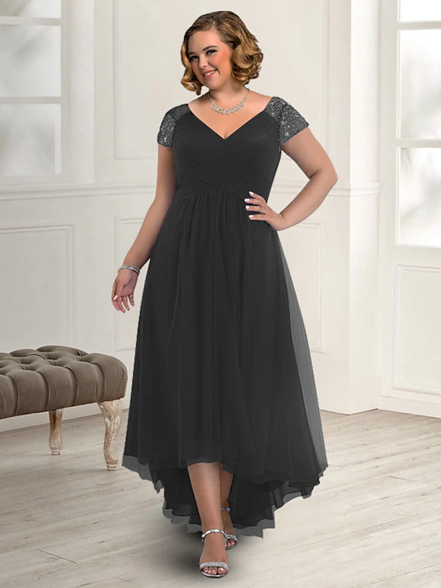 Elegant plus size A-line V-neck chiffon dress with short sleeves and high-low hem.
