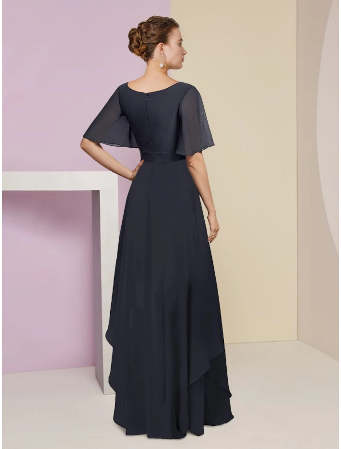 Back view of A-Line V-Neck short sleeve chiffon dress with ruching.