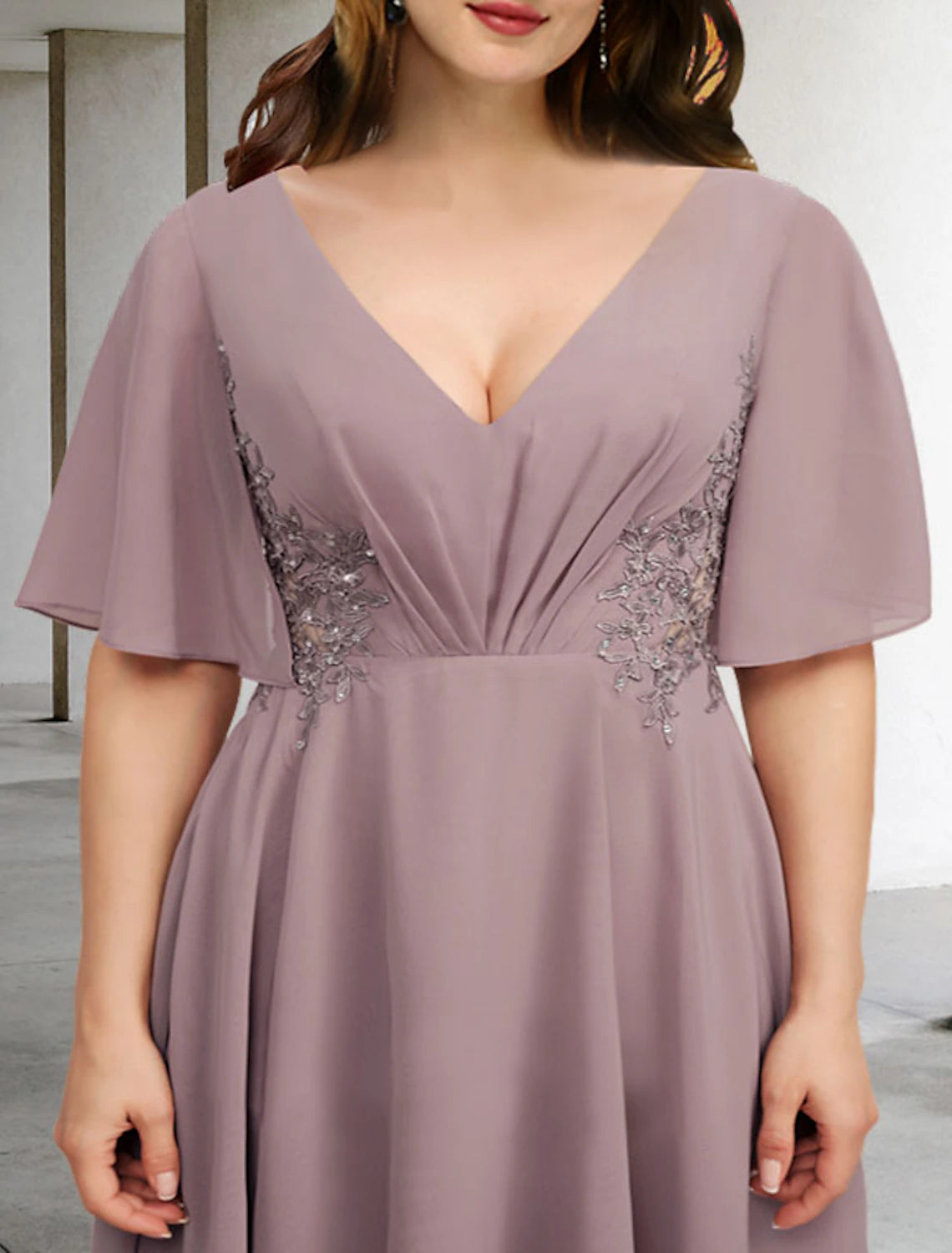 Elegant plus size A-line chiffon dress with ruffles and appliques, shown from a different angle.