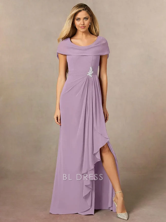 Back view of a floor-length pleated chiffon Mother of the Bride dress.