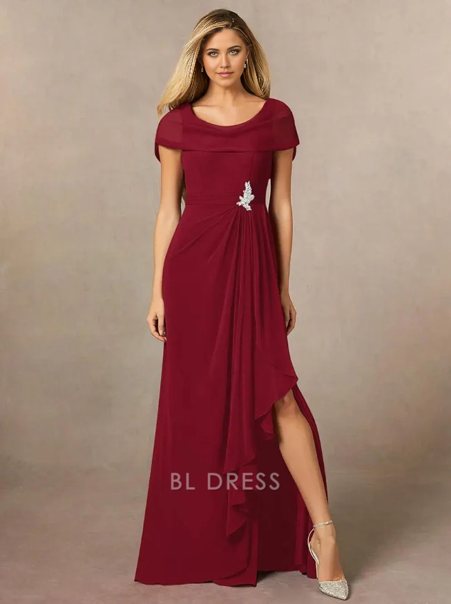 Full view of a woman wearing an A-line V-neck chiffon formal dress.
