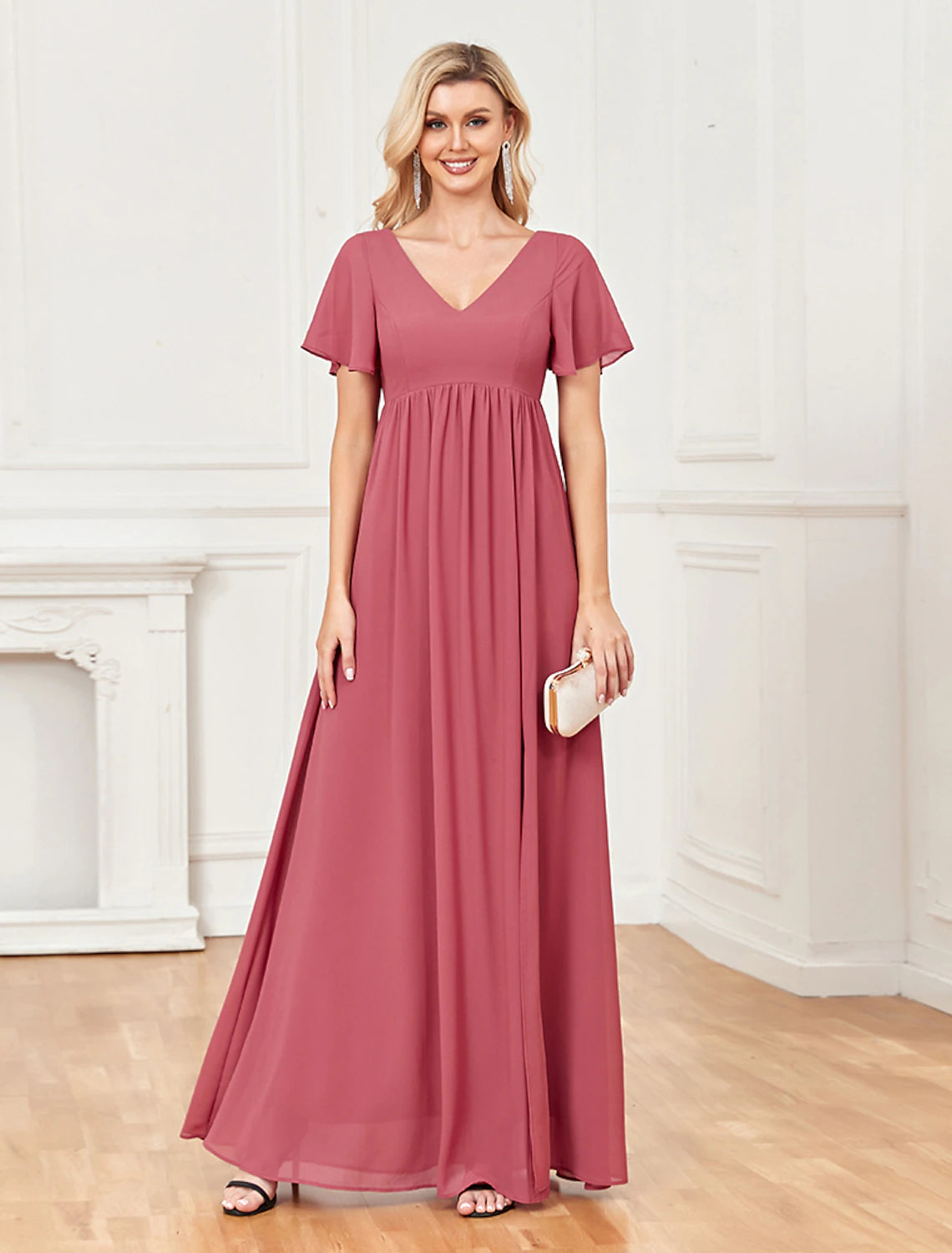Elegant A-line chiffon evening gown with V-neck and short sleeves.