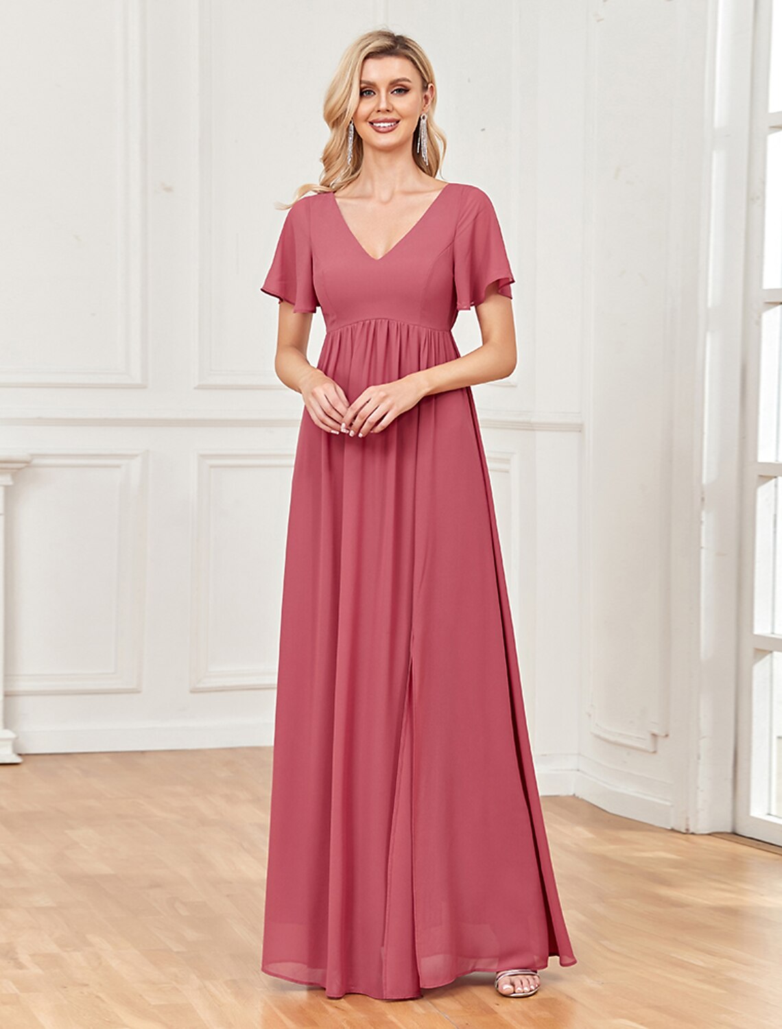 Side profile of a woman wearing the A-line chiffon evening dress.